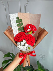 Luxury Crochet Flower Bouquet – Handmade Red Rose Arrangement, Personalized Gift for her.