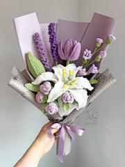 Crochet Lily Bouquet: Handmade Purple Floral Arrangement-Various Sizes. Gift-ready.