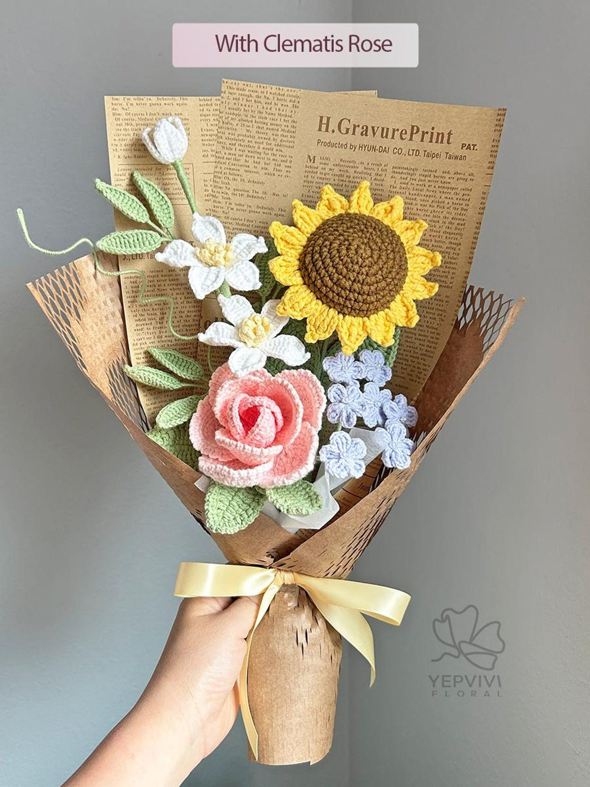 Crochet Flower Bouquet with Sunflowers and Clematis | Handmade Yarn Flowers | Personalized Gift for Christmas