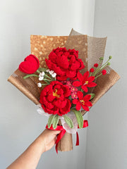 Crochet Peony Bouquet: Handmade Everlasting yarn Flowers, Red, Pink, Purple, Blue. Gift-Ready