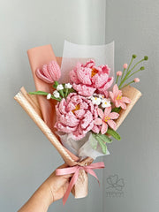 Crochet Peony Bouquet: Handmade Everlasting yarn Flowers, Red, Pink, Purple, Blue. Gift-Ready