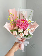 Crochet Peony Bouquet: Handmade Everlasting yarn Flowers, Red, Pink, Purple, Blue. Gift-Ready