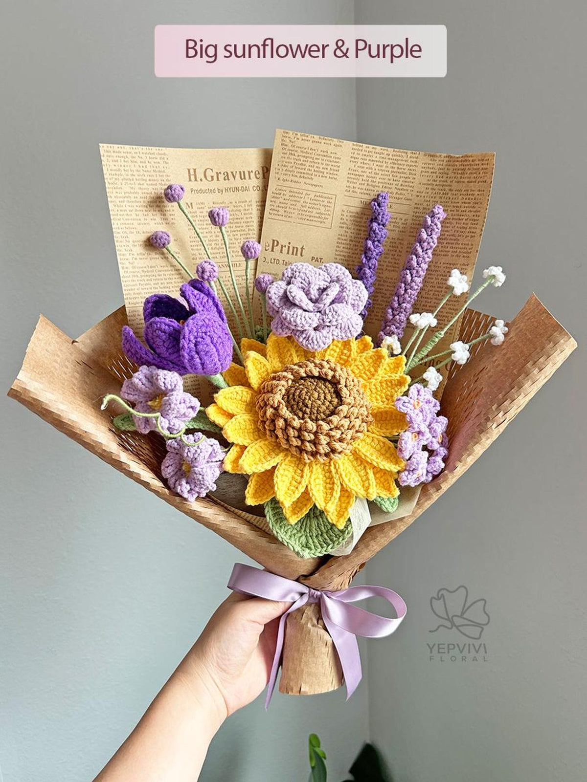 Crochet Flower Bouquet – Handmade Sunflower, Clematis, Rose & Lilac. Personalized Gift for Birthday, Christmas.