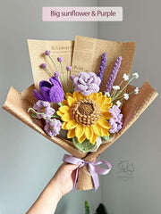 Crochet Flower Bouquet – Handmade Sunflower, Clematis, Rose & Lilac. Personalized Gift for Birthday, Christmas.