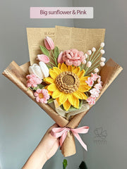 Crochet Flower Bouquet – Handmade Sunflower, Clematis, Rose & Lilac. Personalized Gift for Birthday, Christmas.