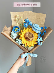 Crochet Flower Bouquet – Handmade Sunflower, Clematis, Rose & Lilac. Personalized Gift for Birthday, Christmas.
