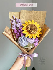 Crochet Flower Bouquet – Handmade Sunflower, Clematis, Rose & Lilac. Personalized Gift for Birthday, Christmas.