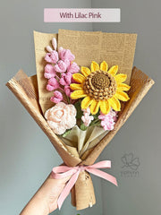 Crochet Flower Bouquet – Handmade Sunflower, Clematis, Rose & Lilac. Personalized Gift for Birthday, Christmas.