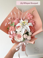 Crochet Flower Bouquet, Handmade Lily, Rose arrangement, Birthday or Mother’s Day gift for her