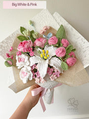 Crochet Flower Bouquet, Handmade Lily, Rose arrangement, Birthday or Mother’s Day gift for her
