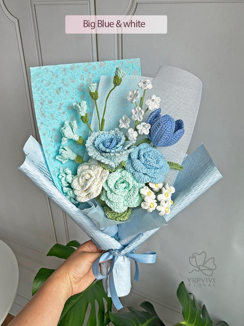 Crochet Flower Bouquet: Handmade Blue Rose floral Arrangement. Gift-ready.