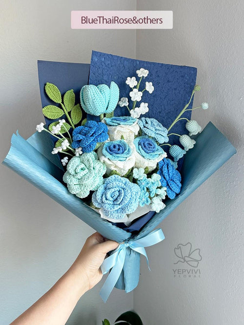 Crochet Flower Bouquet: Handmade Blue Rose floral Arrangement. Gift-ready.