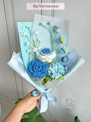 Crochet Flower Bouquet: Handmade Blue Rose floral Arrangement. Gift-ready.