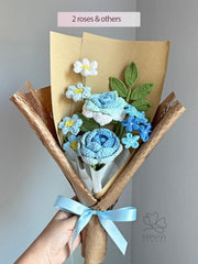Crochet Flower Bouquet: Handmade Blue Rose floral Arrangement. Gift-ready.