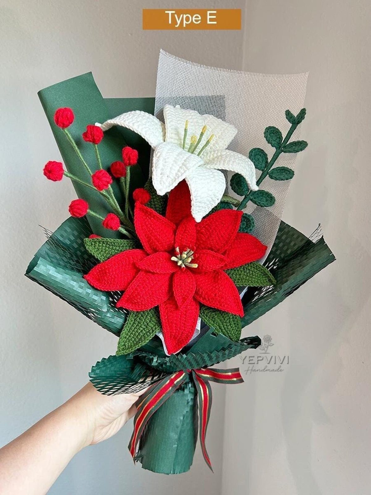 Handmade Crochet Poinsettia, Holiday Flower Bouquet for Christmas Decor or Vase Arrangement