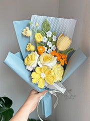 Crochet Flower Bouquet, Handmade Yarn Roses, Tulips & Daisies. Orange and yellow.