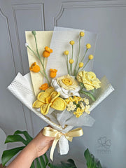 Crochet Flower Bouquet, Handmade Yarn Roses, Tulips & Daisies. Orange and yellow.