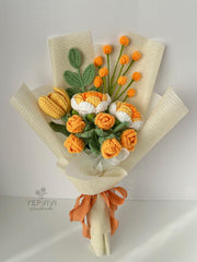 Crochet Flower Bouquet, Handmade Yarn Roses, Tulips & Daisies. Orange and yellow.