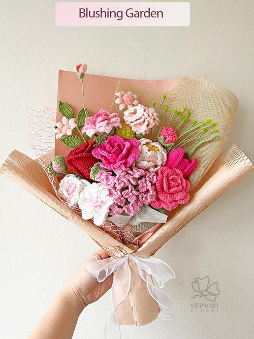 Crochet Flower Bouquet: Handmade Roses flowers - Pink, Blue, Purple, Yellow - Various Sizes. Mother’s Day gift.