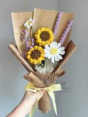 Crochet Flower Bouquet, Handmade Sunflowers and Wildflowers Arrangement | Personalized Gift for Christmas or birthday.