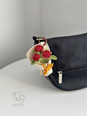 Crochet Rose Bouquet Bag Charm: Handmade yarn Flower Keychain. Red, pink, purple, blue, yellow.