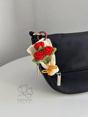 Crochet Rose Bouquet Bag Charm: Handmade yarn Flower Keychain. Red, pink, purple, blue, yellow.