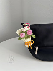 Crochet Rose Bouquet Bag Charm: Handmade yarn Flower Keychain. Red, pink, purple, blue, yellow.