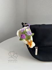 Crochet Rose Bouquet Bag Charm: Handmade yarn Flower Keychain. Red, pink, purple, blue, yellow.