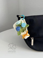 Crochet Rose Bouquet Bag Charm: Handmade yarn Flower Keychain. Red, pink, purple, blue, yellow.