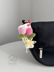 Crochet Tulip Bouquet Bag Charm: Handmade yarn Flower Keychain. Pink, purple, blue, orange.
