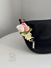 Crochet Tulip Bouquet Bag Charm: Handmade yarn Flower Keychain. Pink, purple, blue, orange.