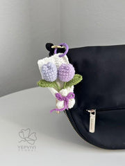Crochet Tulip Bouquet Bag Charm: Handmade yarn Flower Keychain. Pink, purple, blue, orange.