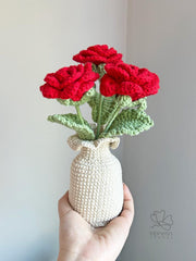 Crochet Roses Bouquet in Knitted Vase: Handmade Cotton Flowers. Mother’s Day gift.