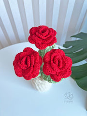 Crochet Roses Bouquet in Knitted Vase: Handmade Cotton Flowers. Mother’s Day gift.