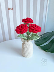 Crochet Roses Bouquet in Knitted Vase: Handmade Cotton Flowers. Mother’s Day gift.