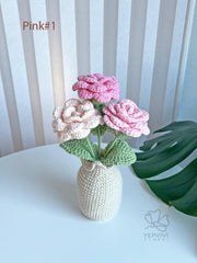 Crochet Roses Bouquet in Knitted Vase: Handmade Cotton Flowers. Mother’s Day gift.