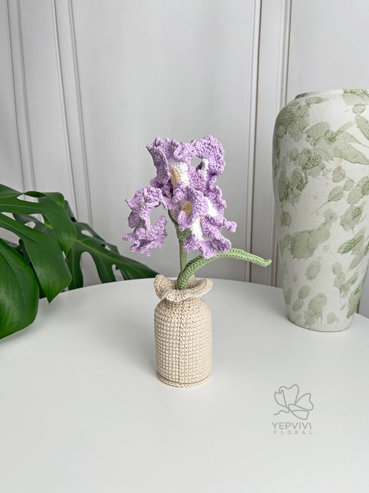 Crochet Iris Flower with Vase or Single stem: Handmade Purple Floral Home Decor