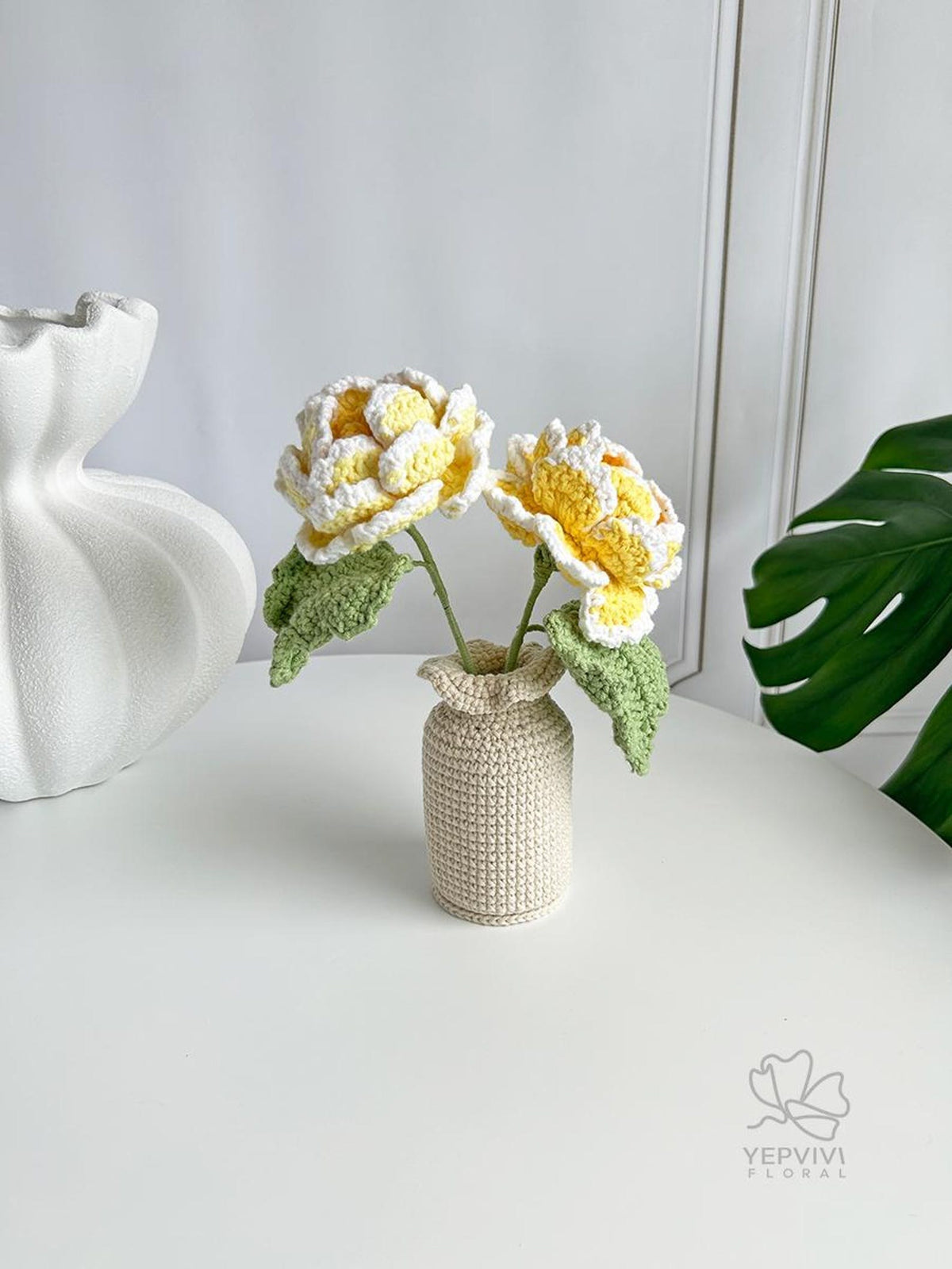 Crochet Peony Flower Arrangement: Handmade Cotton Yarn Bouquet with Vase