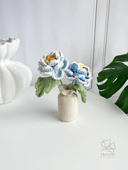 Crochet Peony Flower Arrangement: Handmade Cotton Yarn Bouquet with Vase