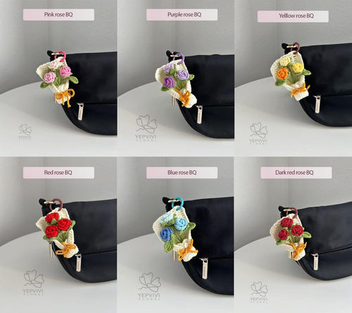 Crochet Flower Bouquet Bag Charm: Handmade Cotton Keychain