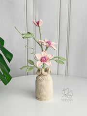 Handmade Crochet Clematis Flower Arrangement with Vase: Cotton Yarn Floral Decor