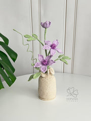 Handmade Crochet Clematis Flower Arrangement with Vase: Cotton Yarn Floral Decor