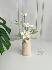 Handmade Crochet Clematis Flower Arrangement with Vase: Cotton Yarn Floral Decor