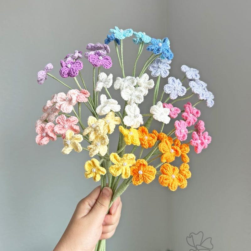 Crochet Forget-Me-Not Stems – Handmade Flower Bouquet, Personalized Gift for her, Multi-Color Options.